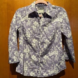Purple Columbia Sportswear Company button-down shirt with floral pattern.